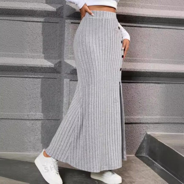 Women Knitted Dress Sunken Stripe Slit Fastener Decoration Sheath Skirt - Image 2