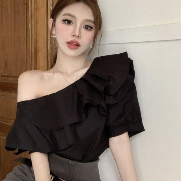 Women's Ruffled Off-the-shoulder Long Sleeve Design Elegant Socialite Shirt - Image 2