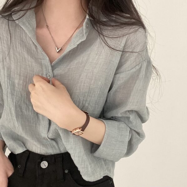 Simple Solid Color Single-breasted Lapel Ruffle Long Sleeve Shirt - Image 7