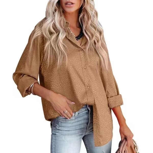 Women's Lapel Open Button Leopard Jacquard Shirt - Image 2