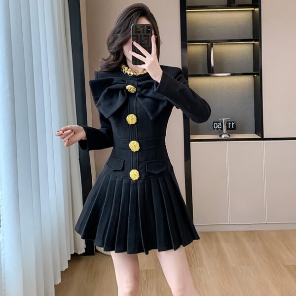 Big Bow Short Plaid Woolen Dress - Image 2