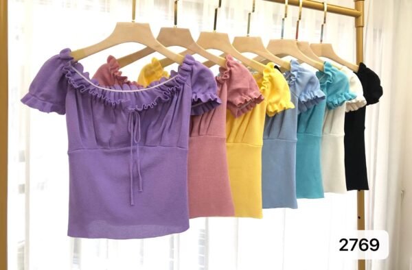 Women's Fashion Chic Collarbone Off-shoulder Design Drawstring Short Sleeve - Image 2