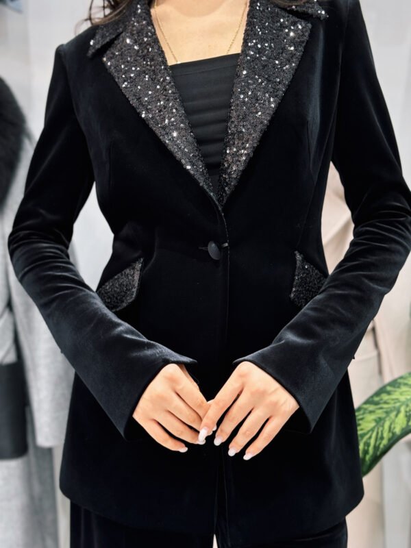 Velvet Patchwork Sequined Blazer & High-waisted Pants Suit - Image 2