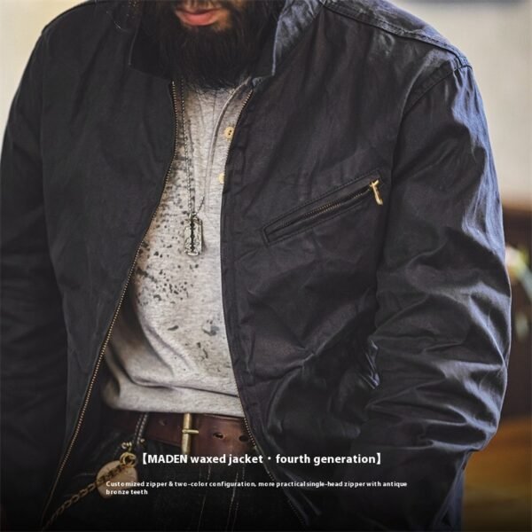 American Retro Four-generation Canvas Oil Wax Jacket Amekaji Tough Guy Zipper Short Coat - Image 4