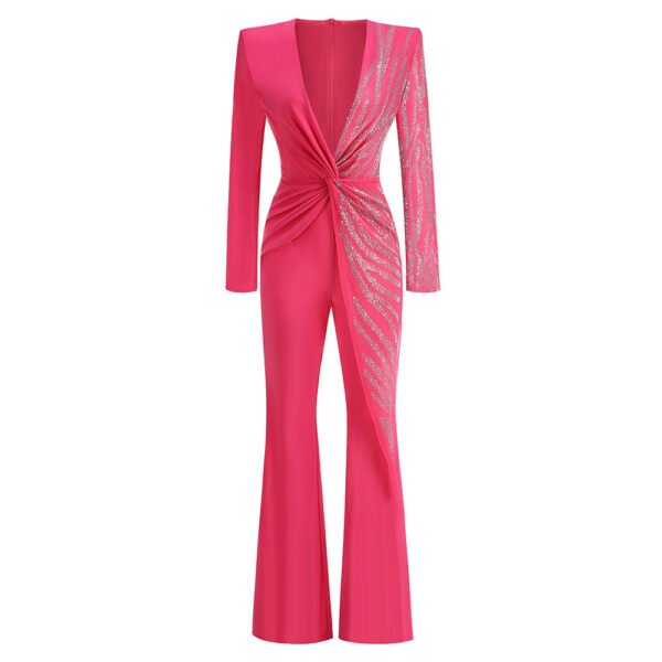 Elegant Deep V-neck Long Sleeve Slim Fit Rhinestone Sequined Jumpsuit - Image 2