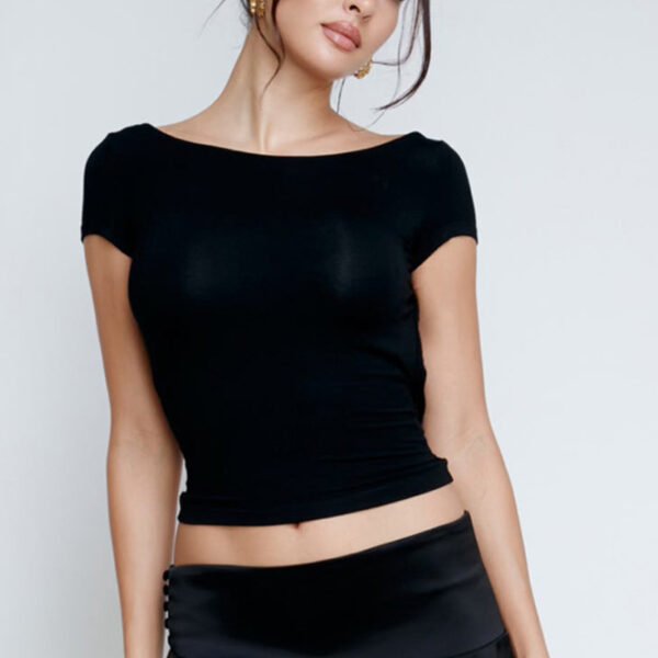 European And American Ins Style Hot Girl Sexy Big Backless Round Neck Short Sleeve - Image 3