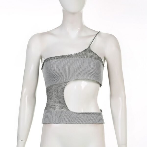 Color Matching One-shoulder Slant Sling Side Should Be Hollow Out Woolen Short Top - Image 4