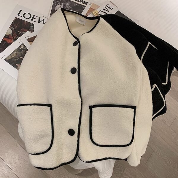 Khaki Round Neck Lamb Wool Coat For Women - Image 2
