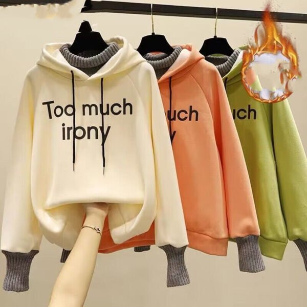Fake Two-piece Fashion Tops Fleece-lined Thickening Print Letter Hooded Sweater - Image 5