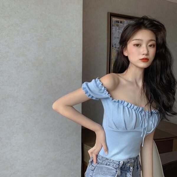 Women's Fashion Chic Collarbone Off-shoulder Design Drawstring Short Sleeve - Image 4