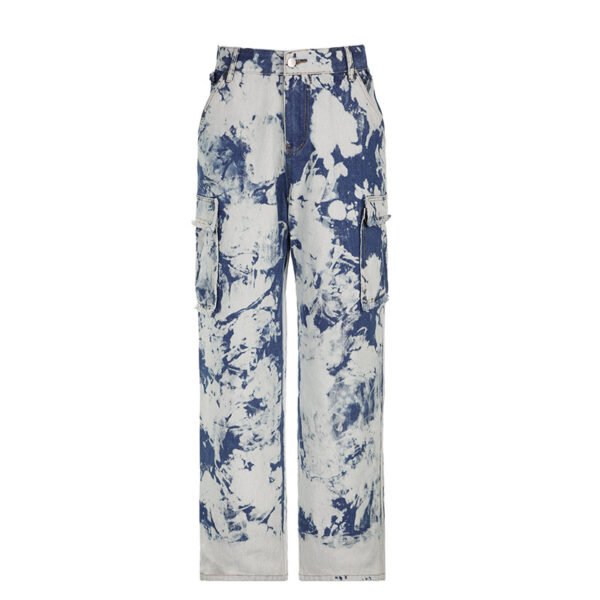 Washed Tie-dye Pocket Stitching High Waist Straight Jeans - Image 6