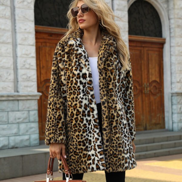 Leopard Print Stud  Winter Suit Collar Artificial Fur Coat - Image 2