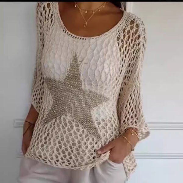 Five-Star Round Neck Sweater Women's Three-quarter Sleeve Top - Image 3