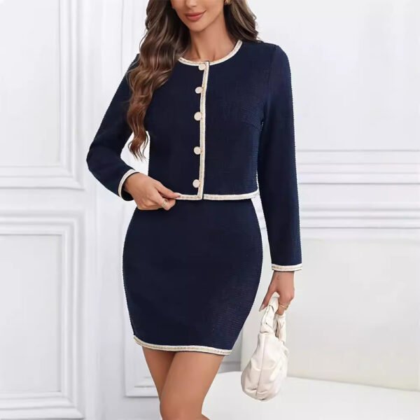 Autumn And Winter Elegant Fashion Commuter Round Neck Button Chanel Style Short Coat Mid-length Dress Set - Image 4