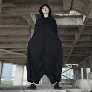 Simple Single-breasted Black Jumpsuit Women's Loose Batwing Sleeve Trousers