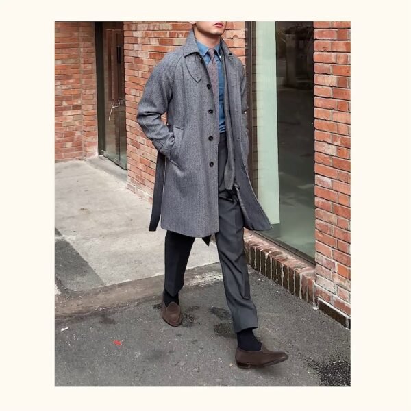 Men's Herringbone Wool Slim Fit Mid Length Coat - Image 5