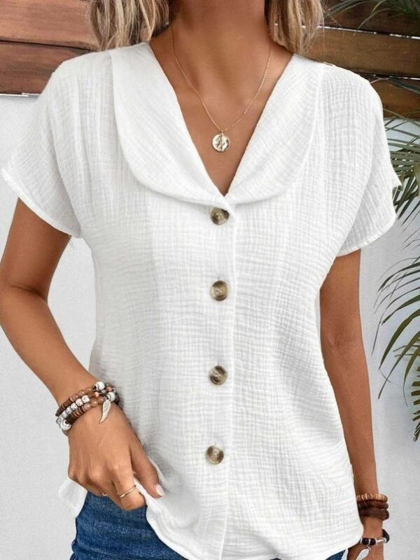 Summer Solid Color Fashion Short-sleeved Cardigan Button Women's Top - Image 6