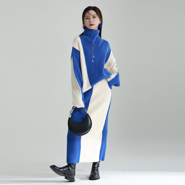Black And White Color Contrast Patchwork Sweater Skirt Suit