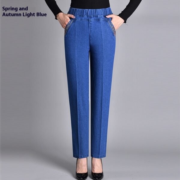 Thin Elastic High Waist Denim Straight-leg Trousers - Image 3