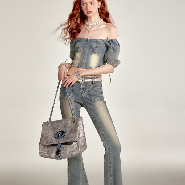 Lace-up Smocking Waist Slim Fit Cropped Denim Top - Image 2