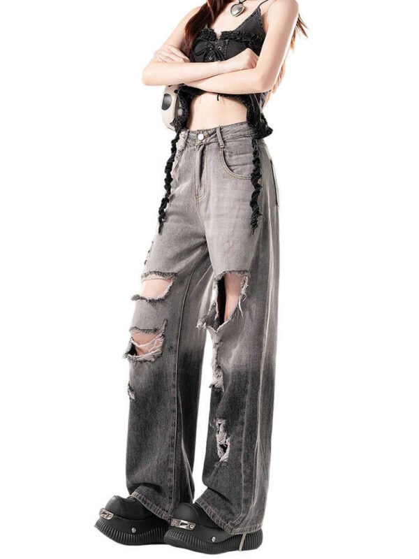 Black Gradient Ripped Wide-legged Jeans Women's High Waist Loose Straight Trousers - Image 5