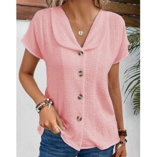Summer Solid Color Fashion Short-sleeved Cardigan Button Women's Top - Image 3