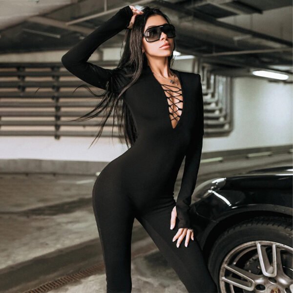 Hollow-out Cross Strap Women's Long Sleeve Jumpsuit - Image 3