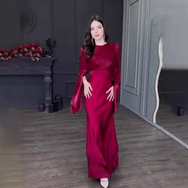 Stitching Glass Yarn Large Swing Sleeve Length Satin Slim Fit Dress - Image 4