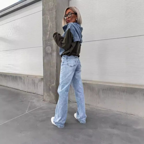 Fashion Loose Casual Washing Denim Stitching Hooded Women's Sweater - Image 3