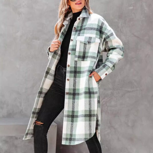 Women's Plaid Button Flannel Long Coat - Image 3