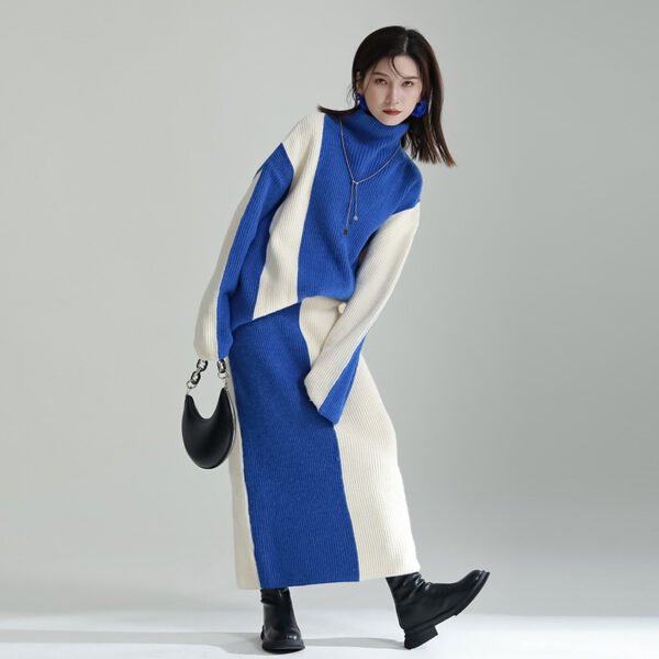 Black And White Color Contrast Patchwork Sweater Skirt Suit - Image 7