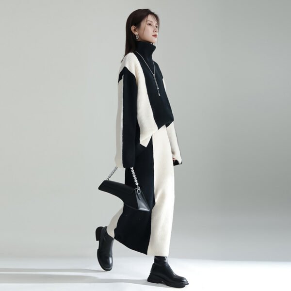 Black And White Color Contrast Patchwork Sweater Skirt Suit - Image 6