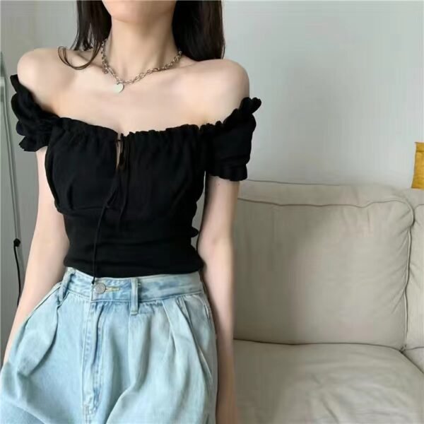 Women's Fashion Chic Collarbone Off-shoulder Design Drawstring Short Sleeve - Image 5