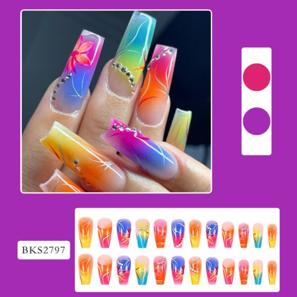 Color Gradient Flower Rhinestone Fake Nails - Image 5