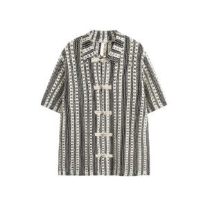 Summer Beige Black Color Stitching Turnover Neck Short Sleeve Shirt
