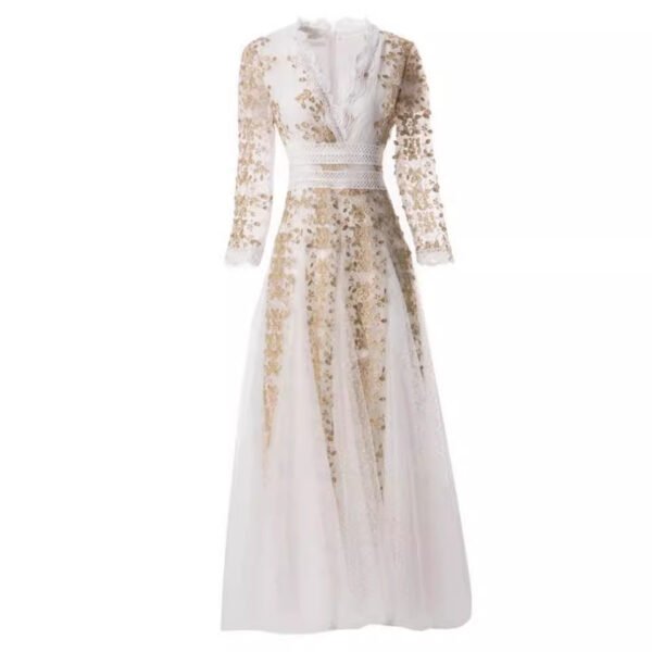 V-neck Ninth Sleeve Fitted Waist Bubble Wide Hem Gauzy Dress - Image 3