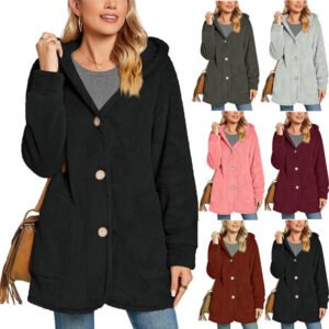 Plush Hooded Button Pocket Cardigan Casual Coat