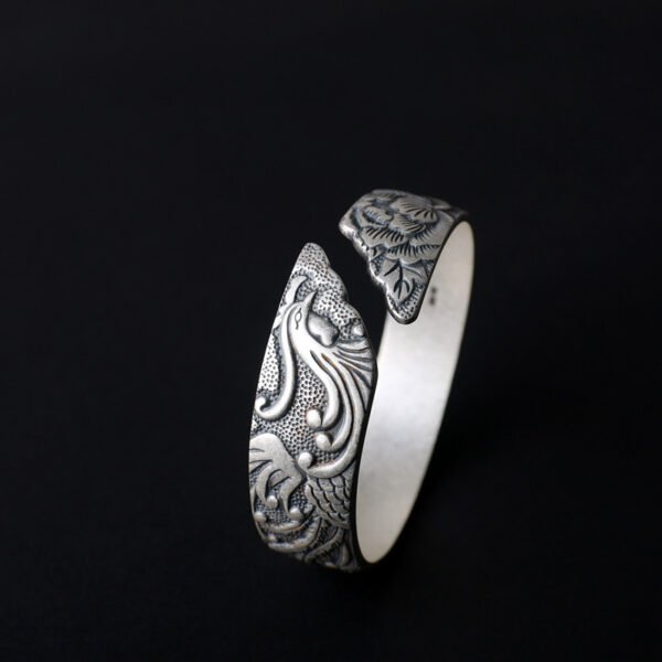 S999 Pure Silver Phoenix Peony Wide Side Thai Silver Matte Retro Ethnic Style  Bracelet Women - Image 4