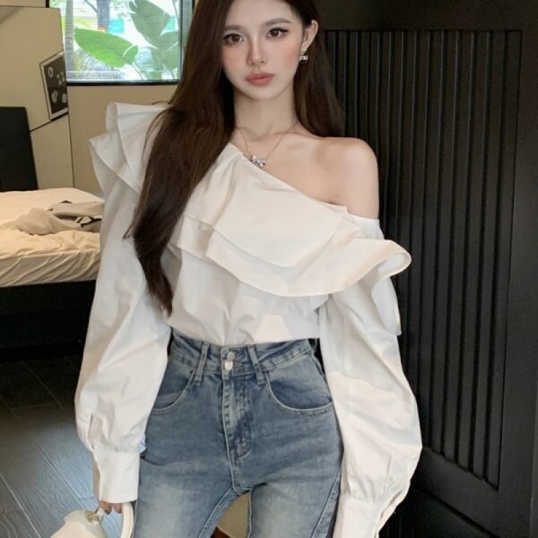 Women's Ruffled Off-the-shoulder Long Sleeve Design Elegant Socialite Shirt - Image 3