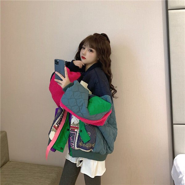 Color Contrast Patchwork Thickened Cotton Padded Coat - Image 3