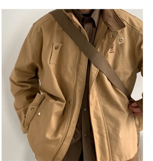 Retro Embroidery Design Workwear Coat Polo Collar Color Block Jacket - Image 5
