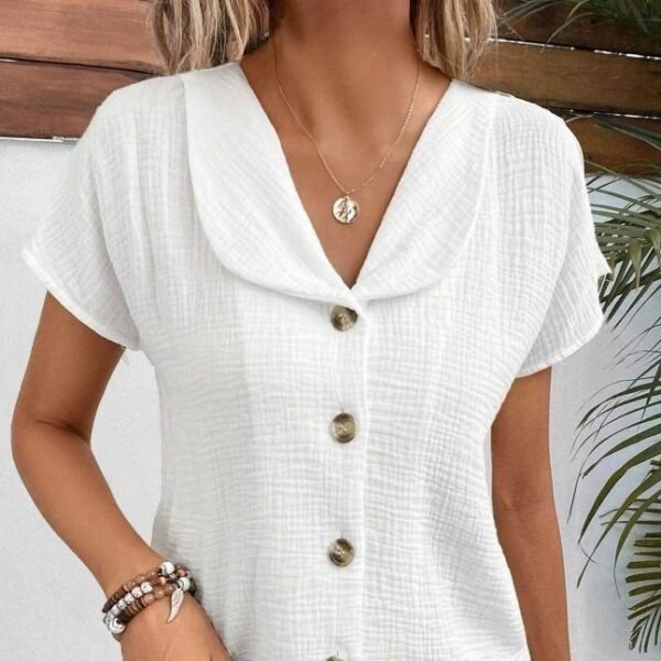 Summer Solid Color Fashion Short-sleeved Cardigan Button Women's Top - Image 2