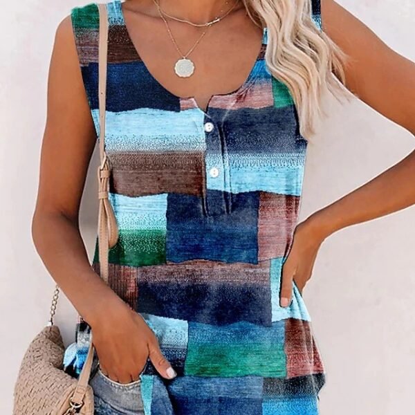 New Striped Printed Button Loose U-neck Vest T-shirt - Image 6