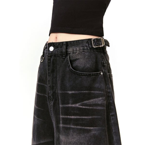 American Retro Denim Cropped Pants Washed Cat Beard Pattern - Image 4