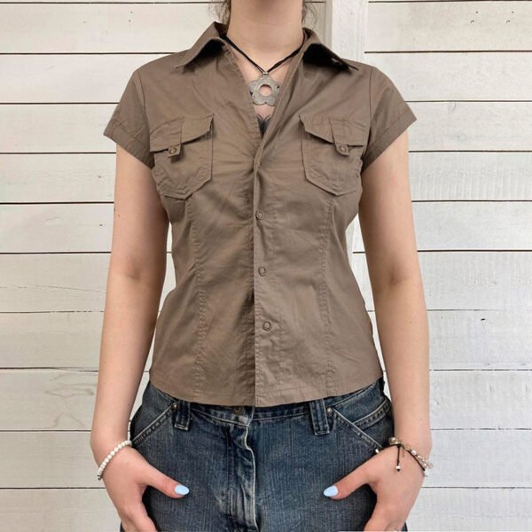 European And American Minimalist Basic Lapel Snap Fastener Tooling Style Shirt Short Sleeve Top - Image 3