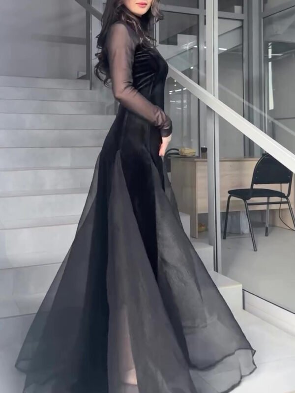 Black Velvet Patchwork Mesh Maxi Dress - Image 2