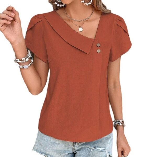 Small Diagonal Collar Solid Color Washed Cotton Top - Image 2
