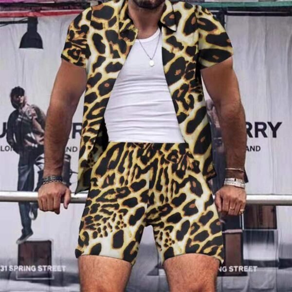 Men's Casual Comfortable Beach Leopard Print Short Sleeve Shorts Suit Two-piece Set - Image 4