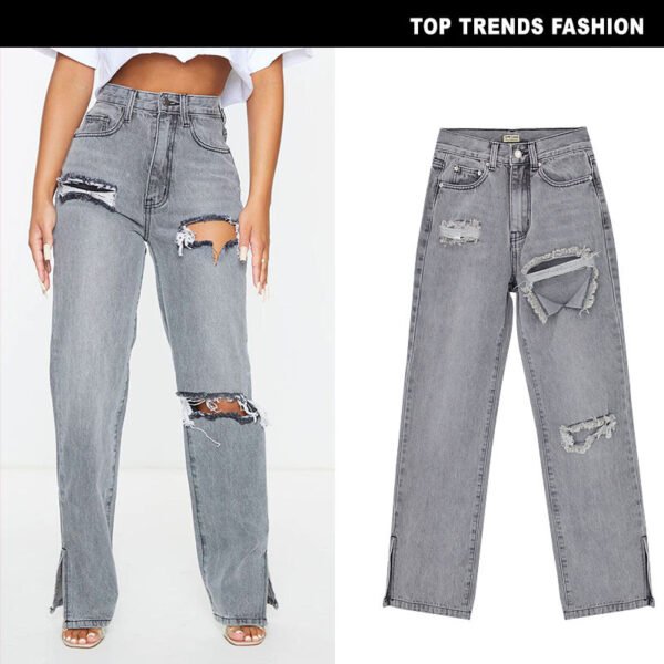 Women's High Waist Sand Gray Straight-leg Denim Trousers - Image 2