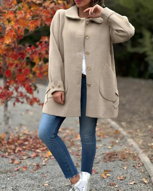 Polo Collar Solid Color Casual Bow Woolen Coat - Image 6